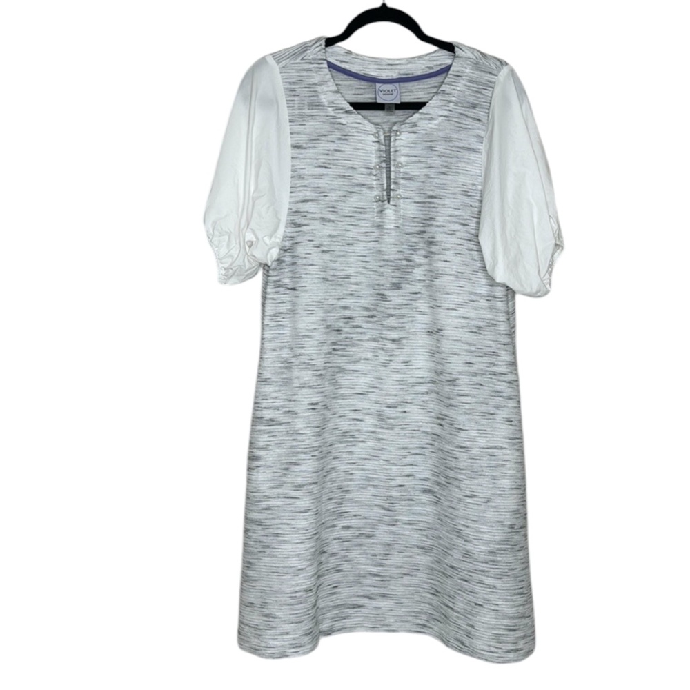 Violet Weekend Heathered White/Gray Toggle V Neck Puff Sleeve Shift Dress L